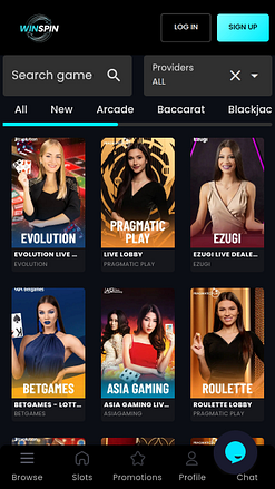 Screenshot della pagina mobile con croupier dal vivo di WinSpin Casino
