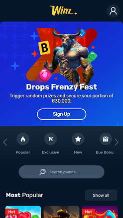 Page d'accueil mobile de Winz Casino