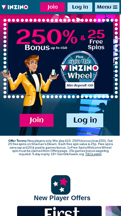 Página de inicio móvil de Winzino Casino