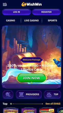 Page d'accueil mobile de WishWin Casino