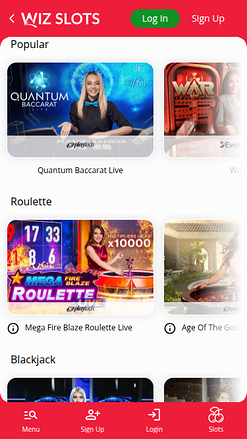 Croupier en direct mobile de Wiz Slots Casino