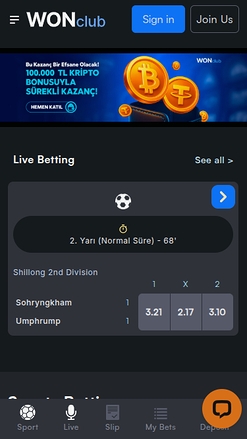 Página de inicio móvil de WONClub Casino