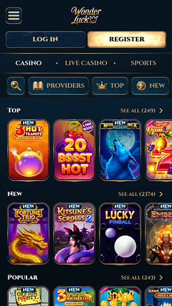 Screenshot della pagina mobile di WonderLuck Casino