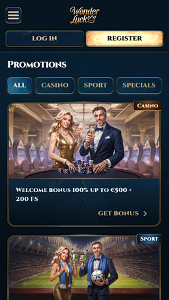 Screenshot della pagina mobile delle promozioni di Wonderluck Casino