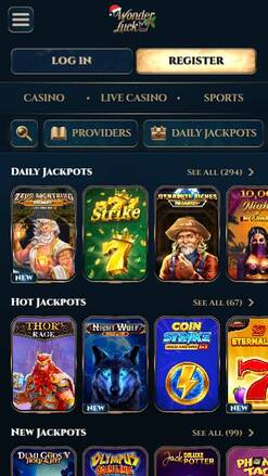 Screenshot der Jackpot-Seite von WonderLuck Casino (Mobilversion)