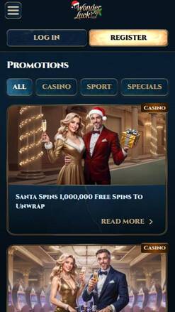 Screenshot der mobilen Aktionsseite von Wonderluck Casino