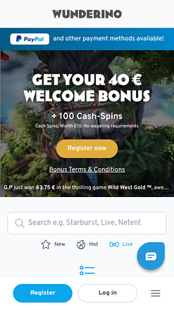 Página de inicio móvil de Wunderino Casino