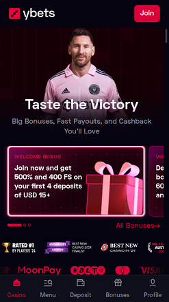 Homepage mobile di Ybets Casino
