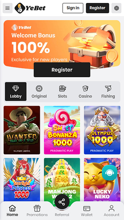 Page d'accueil mobile de YeBet Casino
