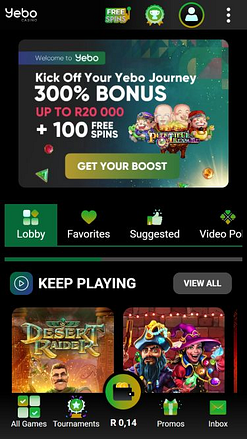 Page d'accueil mobile de Yebo Casino