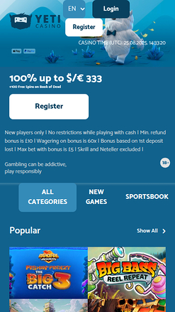 Yeti Casino mobile Startseite