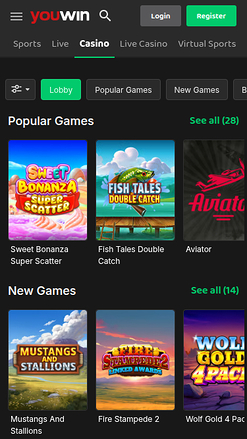 Page d'accueil mobile de YouWin Casino
