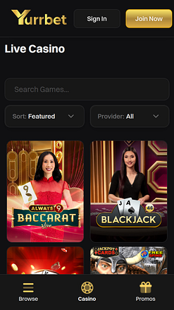 Casino mobile Yurrbet avec croupier en direct