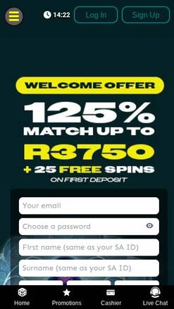 Page d'accueil du casino ZarBet Mobile