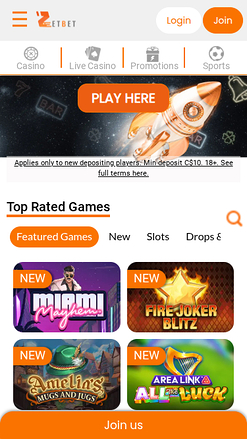 Page d'accueil mobile de Zet Bet Casino