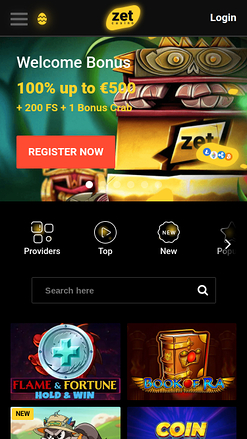 Page d’accueil mobile de Zet Casino
