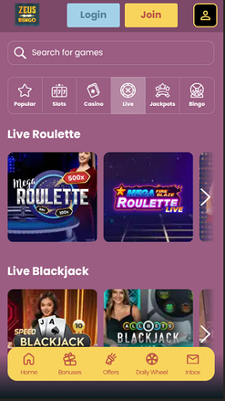 Zeus Bingo Casino Mobile Live Dealer