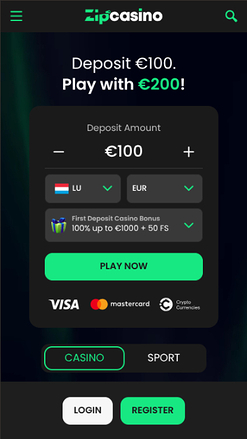 Pagina iniziale di Zip Casino su mobile