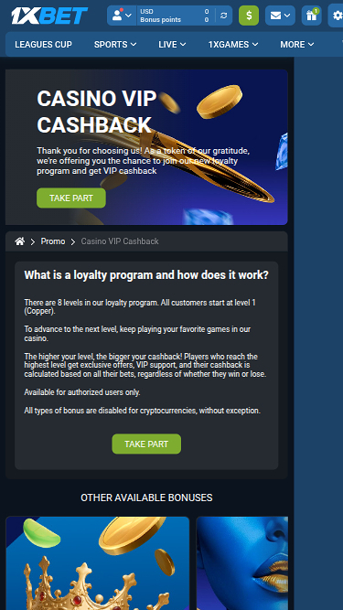 Programa VIP Móvil de 1xBet Casino