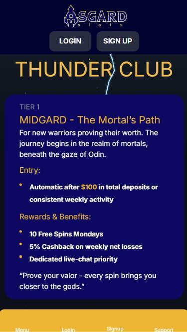 VIP mobile page screenshot of Asgardslots Casino