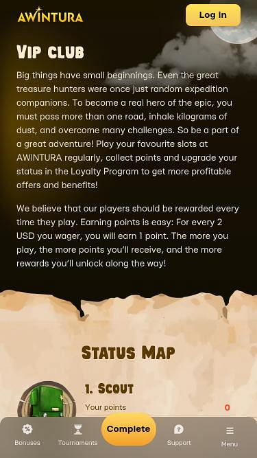 Page mobile VIP du casino Awintura