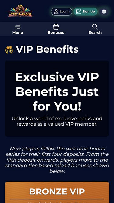 Página móvil VIP del casino Aztec Paradise