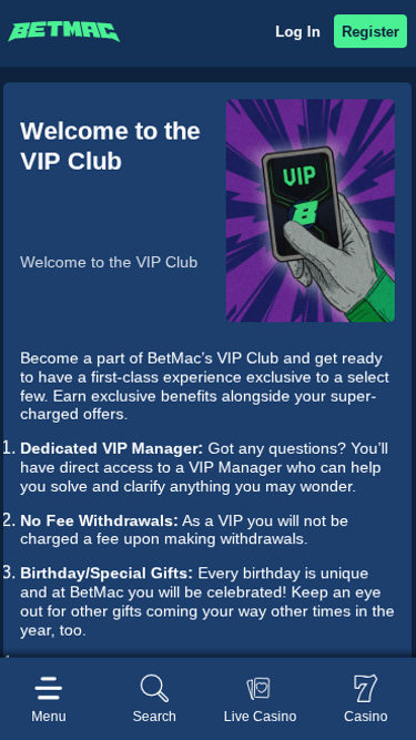 Casino Betmac VIP Mobile