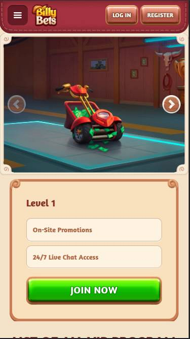 Capture d'écran de la page mobile VIP du casino BillyBets