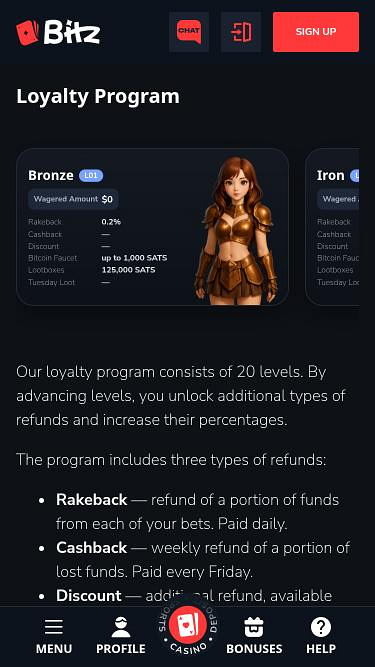 Página móvil VIP del casino Bitz.io