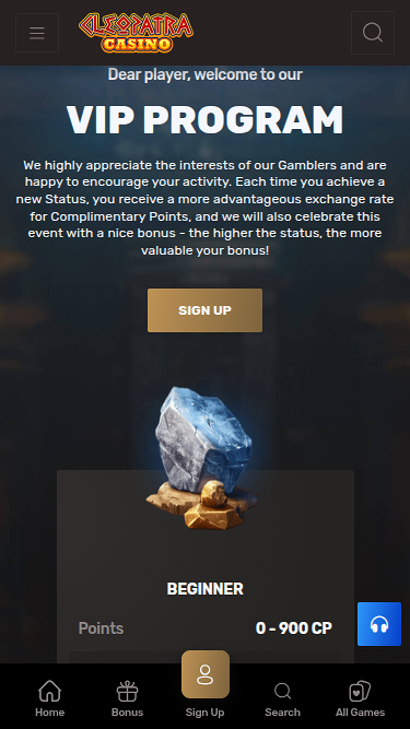 Programme VIP mobile Cleopatra Casino