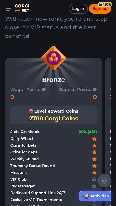 Screenshot des Corgibet Casino VIP-Programms für Mobilgeräte