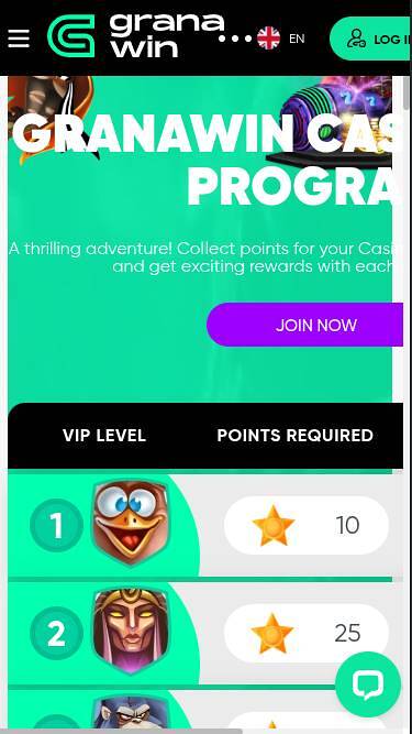 Capture d'écran de la page VIP mobile du casino GranaWin