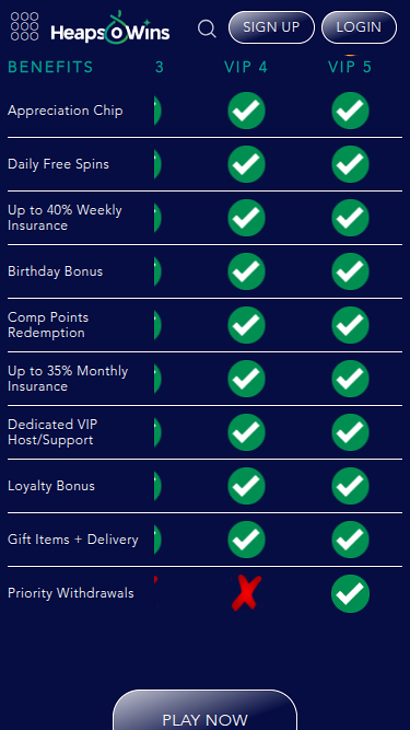Heaps O Wins Casino Mobile VIP Program