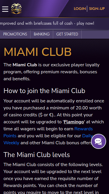Programma VIP mobile del Miami Club Casino