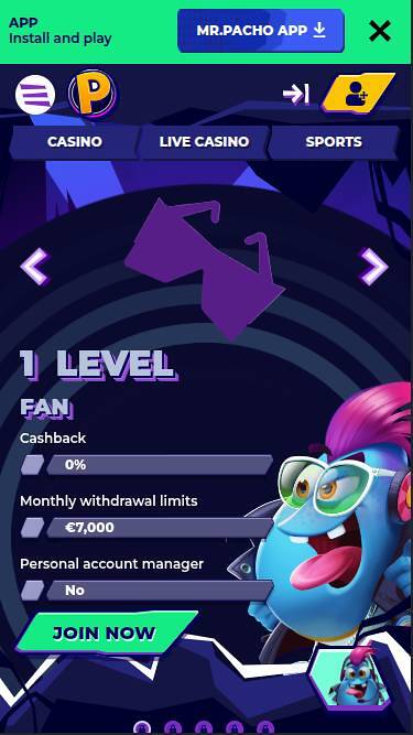 Screenshot der VIP-Mobilseite von MrPacho Casino