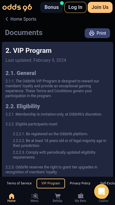 Odds96 Casino Mobile VIP Program