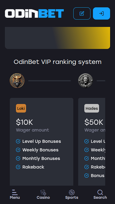 Screenshot della sezione VIP del casinò Odinbet per dispositivi mobili