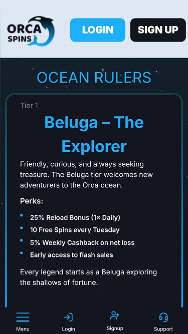 Pagina mobile VIP di Orca Spins Casino