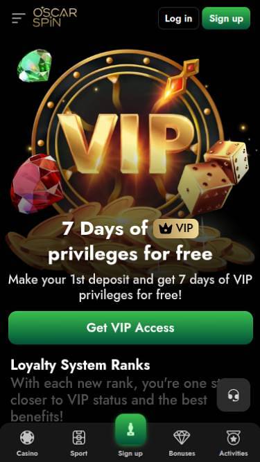 Capture d'écran mobile du programme de fidélité du casino Oscarspin