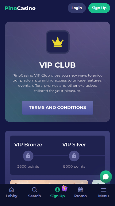 Programme VIP mobile de Pino Casino