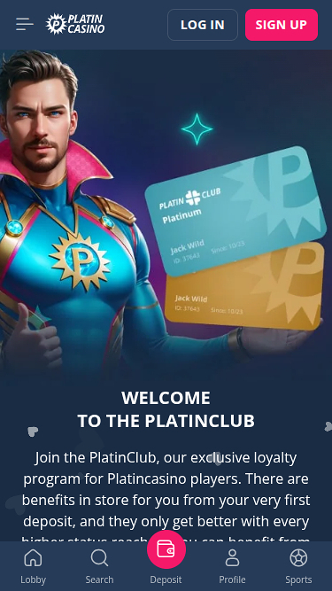 Captura de pantalla de la interfaz móvil de Platincasino mostrando el acceso VIP