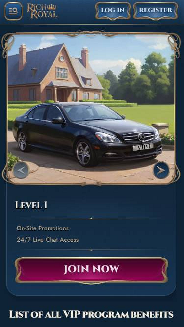Capture d'écran de la page mobile VIP du casino Rich Royal