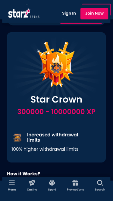 VIP screenshot of StarzSpins Casino for Mobile