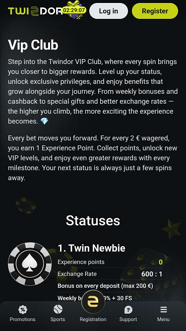 Twindor Casino VIP-Mobilseite