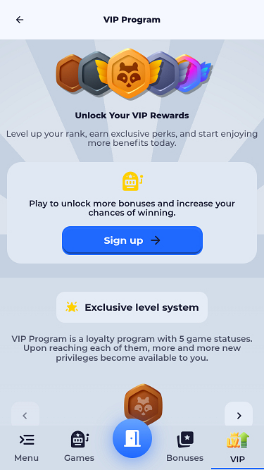 Page mobile VIP de Tycoon Casino