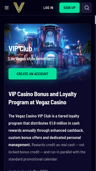 Pagina mobile VIP di Vegaz Casino