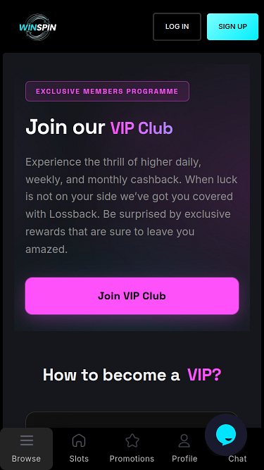 Screenshot della pagina VIP del casinò WinSpin