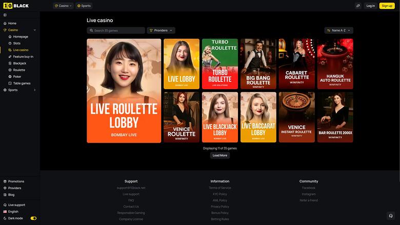 Page de croupier en direct du casino 10Black