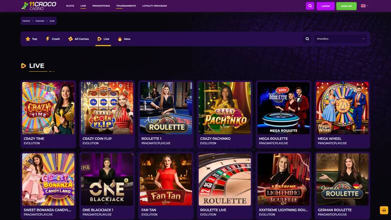 Live page screenshot of 11Croco Casino