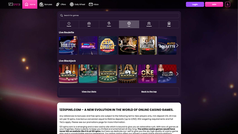 Croupier en direct sur bureau de 123Spins Casino